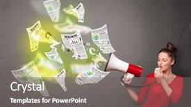  Presentation with newspapers - PPT layouts having cute girl yelling into loudspeaker and newspapers fly background and a gray colored foreground