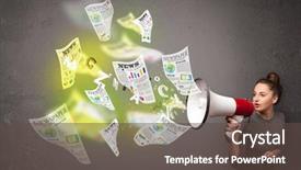  Presentation with newspapers - Audience pleasing presentation theme consisting of cute girl yelling into loudspeaker and newspapers fly backdrop and a tawny brown colored foreground