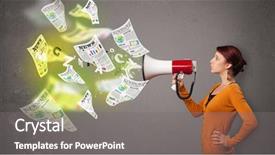  Presentation with newspapers - Beautiful presentation theme featuring cute girl yelling into loudspeaker and newspapers fly backdrop and a gray colored foreground