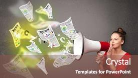  Presentation with newspapers - Theme consisting of cute girl yelling into loudspeaker and newspapers fly background and a violet colored foreground