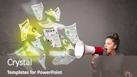  Presentation with newspapers - Slides featuring cute girl yelling into loudspeaker and newspapers fly background and a gray colored foreground