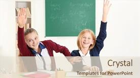  Presentation with school desk - Slide set having cute girls sitting at desk background and a  colored foreground