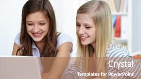  Presentation with college - Cool new PPT theme with cute girls working with laptop in college backdrop and a coral colored foreground