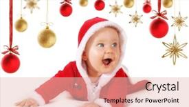  Presentation with cute stars - Amazing presentation having cute happy baby in red christmas clothes with hanging baubles and stars decorations isolated on white backdrop and a lemonade colored foreground