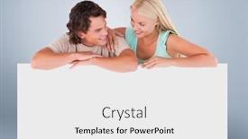  Presentation with whiteboard - Theme with cute happy couple leaning on a whiteboard against grey vignette background and a white colored foreground