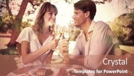  Presentation with toasting - Theme with cute happy couple sitting outside toasting with champagne with dessert on a sunny day background and a coral colored foreground