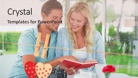  Presentation with reading table - Presentation theme with cute hipster couple reading book together at table against hearts hanging on the line background and a coral colored foreground