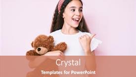  Presentation with teddy bear - Amazing PPT theme having cute-hispanic-child-girl-holding backdrop and a coral colored foreground