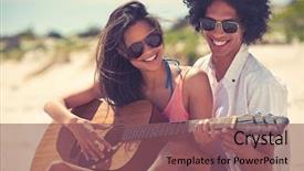  Presentation with two cute sisters playing - Slide set having cute hispanic couple playing guitar background and a violet colored foreground