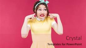  Presentation with ears - Cool new PPT layouts with cute irritated pinup girl in yellow dress closed her ears by fingers over pink background backdrop and a red colored foreground