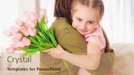  Presentation with festive - Presentation featuring cute kid embracing mother with festive bouquet mothers day background and a coral colored foreground
