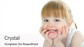  Presentation with brown bear baby shoes - Slides enhanced with cute kids - beauty baby face on white background and a white colored foreground