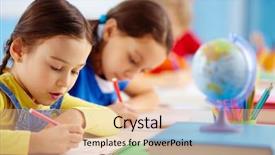  Presentation with test - Slides enhanced with cute kids - pupils sitting in a row background and a coral colored foreground