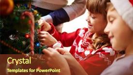  Presentation with christmas kids - PPT theme featuring cute kids decorating christmas tree background and a tawny brown colored foreground