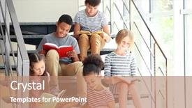  Presentation with kids reading books - Slide set featuring cute kids reading books on stairs background and a coral colored foreground