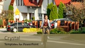  Presentation with eco friendly city - Presentation theme featuring cute-laughing-girl-riding background and a coral colored foreground
