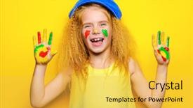  Presentation with colorful hands - Beautiful slides featuring cute laughing little girl with painted colorful hands over bright yellow background happy childhood backdrop and a yellow colored foreground