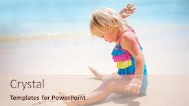  Presentation with seashore - Presentation design enhanced with cute little baby girl on the beach with pleasure sitting on the seashore and playing in sand happy summer holidays near the sea background and a lemonade colored foreground