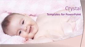  Presentation with baby smile - PPT theme with cute little baby girl with big blue eyes and sweet smile wearing a tutu lying on cozy soft blanket background and a sky blue colored foreground