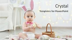  Presentation with bunny - Audience pleasing presentation design consisting of cute little baby in bunny ears and bow tie playing with easter eggs at home backdrop and a sky blue colored foreground