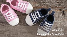  Presentation with baby shoes - Presentation theme having cute little baby shoes on wood background top view background and a gray colored foreground
