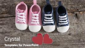  Presentation with baby shoes - Slides featuring cute little baby shoes on wood background top view background and a gray colored foreground