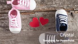  Presentation with baby shoes - Audience pleasing presentation consisting of cute little baby shoes on wood background top view backdrop and a gray colored foreground