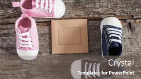  Presentation with baby shoes - Colorful presentation enhanced with cute little baby shoes on wood background top view backdrop and a gray colored foreground