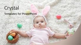  Presentation with baby toy - Amazing PPT theme having top view holidays present childhood - cute little baby with bunny backdrop and a white colored foreground