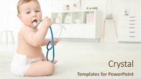  Presentation with baby sitting - PPT theme featuring cute little baby with stethoscope background and a sky blue colored foreground