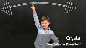  Presentation with barbell - PPT theme enhanced with cute little boy easily rising drawn on the blackboard barbell on finger background and a black colored foreground