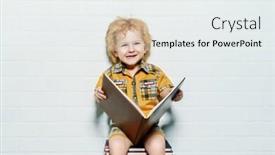  Presentation with educational - PPT layouts enhanced with cute little boy sitting on a stack of books with opened book educational concept background and a sky blue colored foreground