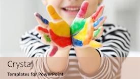  Presentation with paint - Amazing slide set having cute little boy with hands in paint on blurred background backdrop and a coral colored foreground