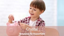  Presentation with bank - Cool new presentation theme with cute little boy with piggy bank on blurred background backdrop and a coral colored foreground