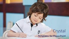  Presentation with kindergarten - PPT theme enhanced with little boy with sketch pen background and a sky blue colored foreground