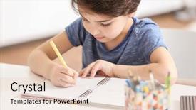  Presentation with notebook - Slide deck having cute little boy writing something background and a lemonade colored foreground