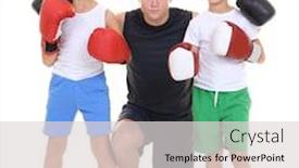  Presentation with coach - Presentation design featuring cute little boys in boxing gloves and their coach on white background background and a light gray colored foreground