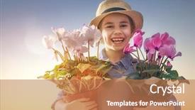  Presentation with child care - Colorful presentation enhanced with cute little child girl with flowers in pots on sunset background fun little gardener spring concept nature and care backdrop and a coral colored foreground