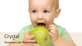  Presentation with green apple - Theme with cute little child is eating green apple while sitting at table isolated over white background and a coral colored foreground