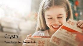  Presentation with happy holidays - Cool new theme with cute little child opening gift backdrop and a coral colored foreground