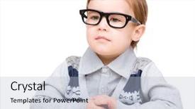  Presentation with book glasses - PPT theme featuring cute little child play with book and wearing glasses while sitting at table isolated over white background and a light blue colored foreground