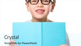  Presentation with book glasses - PPT theme enhanced with cute little child plays with book and wearing glasses while sitting at table isolated over white background and a arctic colored foreground