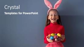  Presentation with easter basket - PPT theme consisting of cute-little-child-wearing-bunny background and a ocean colored foreground