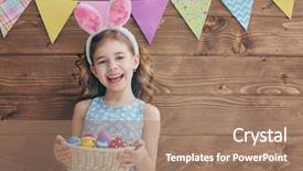 Presentation with easter basket - Cool new PPT theme with cute little child wearing bunny backdrop and a coral colored foreground