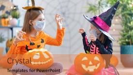  Presentation with face masks - Presentation design having cute-little-children-girls background and a gold colored foreground