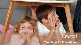  Presentation with children playing - Presentation design with cute little children playing under table background and a coral colored foreground