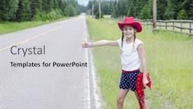  Presentation with cowgirl - Beautiful slide deck featuring cute little cowgirl trying to hitch hike a ride on a lonely road sticking out her thumb and trying to get a ride to somewhere homeward bound backdrop and a light gray colored foreground