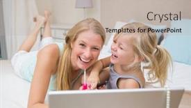  Presentation with bed - Colorful PPT theme enhanced with cute little girl and mother on bed using laptop at home in the bedroom backdrop and a mint green colored foreground