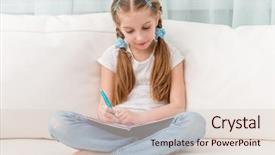  Presentation with album - Theme having cute little girl filling in a friends album sitting on sofa background and a lemonade colored foreground