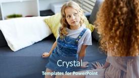  Presentation with saying - Beautiful slides featuring cute little girl in casualwear sitting on sofa next to her mother and listening to what she saying backdrop and a ocean colored foreground